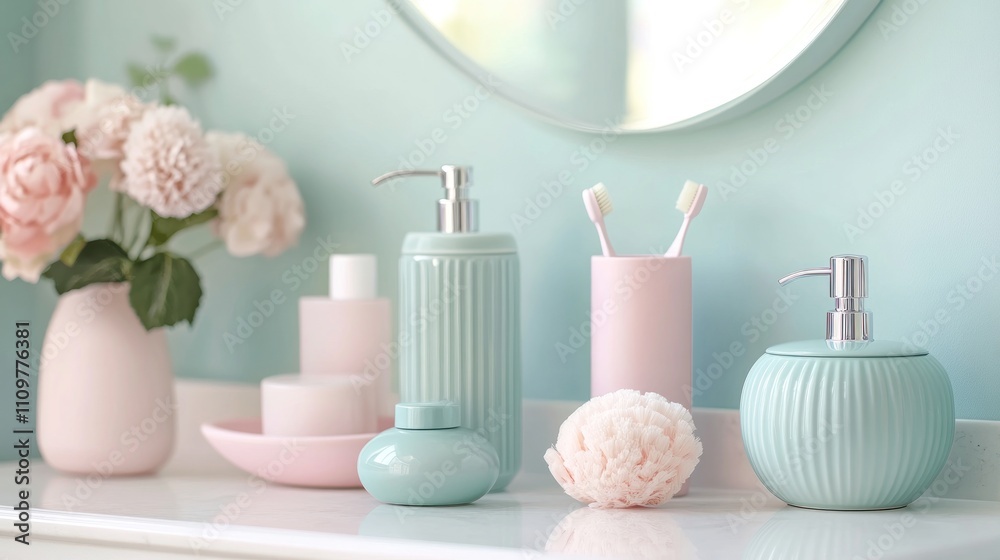 Pastel bathroom accessories on vanity with flowers. Pastel bathroom accessories on vanity with flowers.
