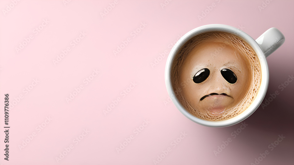 A coffee cup in a sad mood emotion and a pastel soft pink background. 