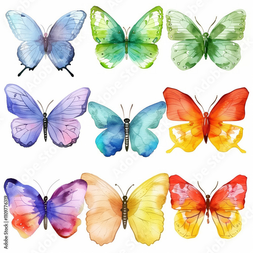 A collection of variously colored butterflies resting on a white background