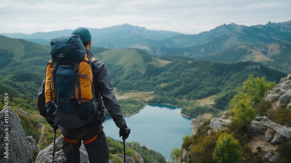 Obraz premium Trekker Enjoying Stunning Mountain View Overlooking Serene Lake and Lush Greenery in Nature's Embrace