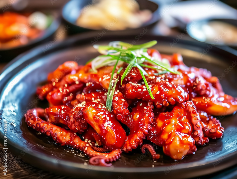 Seasoned Korean octopus on traditional platter Seasoned Korean octopus on traditional platter