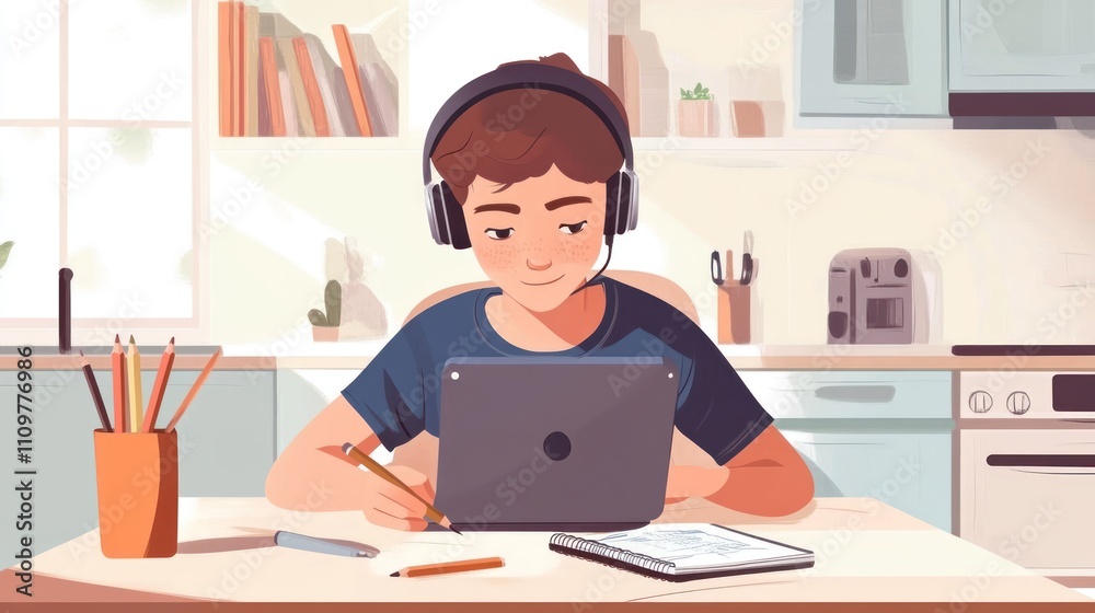Boy in kitchen using laptop and headphones for online class, writing notes.
