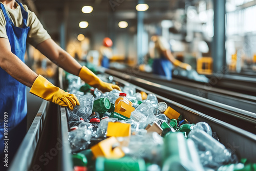 Wallpaper Mural Worker in a recycling facility sorting plastic bottles on a conveyor belt while wearing protective gloves Torontodigital.ca