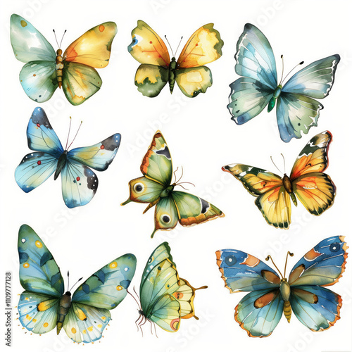 A collection of variously colored butterflies resting on a white background