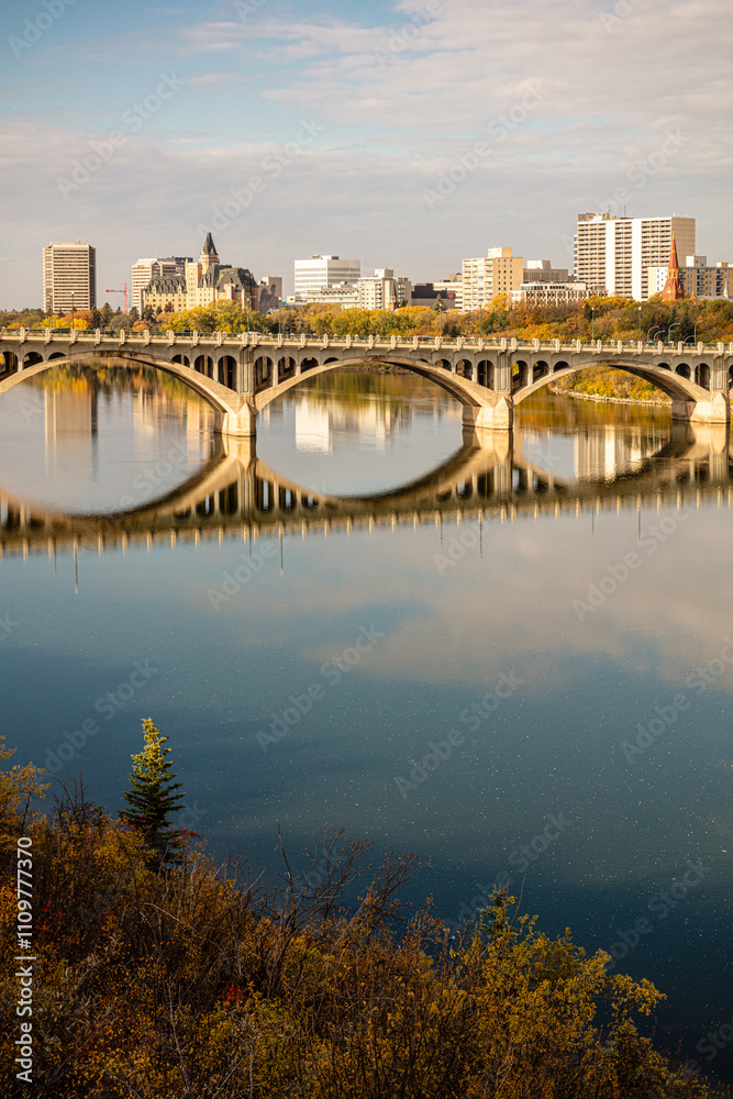 Obraz premium A bridge spans a river with a city in the background