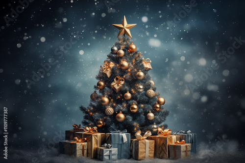 Elegant Christmas Tree with Golden Ornaments and Gifts