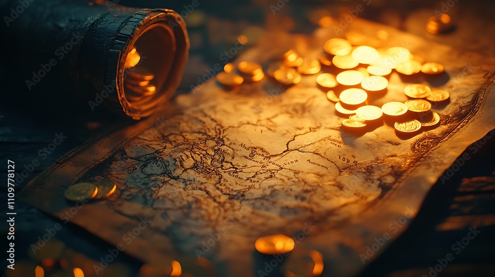 Obraz premium Treasure map with gold coins and ancient container.
