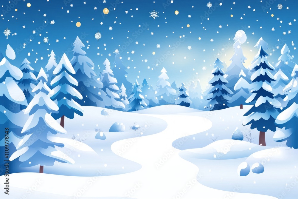 Obraz premium Winter landscape with snowy trees, starry sky, and serene nature scene.