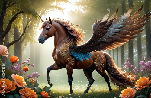 Majestic winged horse gracefully prancing in a vibrant floral forest. photo