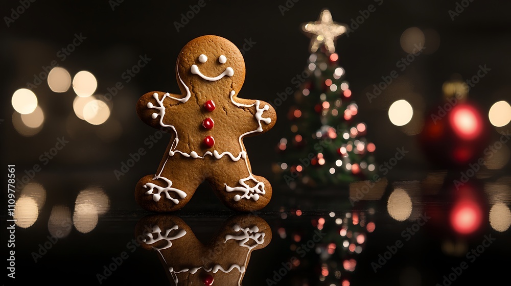 A Christmas gingerbread man and tree set against a black background, perfect for a festive greeting card. A Christmas gingerbread man and tree set against a black background, perfect for a festive greeting card.