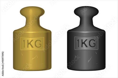 1 kg Iron weight cargo. One kilogram weight icon. Vector illustration of kilogram weight icon for web. 1 kilogram dumbbell golden pictogram. 3d icon isolated on white.	