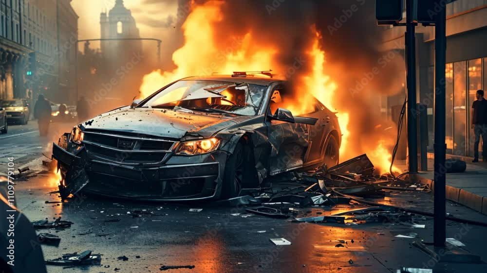 Dramatic Car Accident Scene on a City Street Road at Sunset with Smoke and Fire Debris Dramatic Car Accident Scene on a City Street Road at Sunset with Smoke and Fire Debris