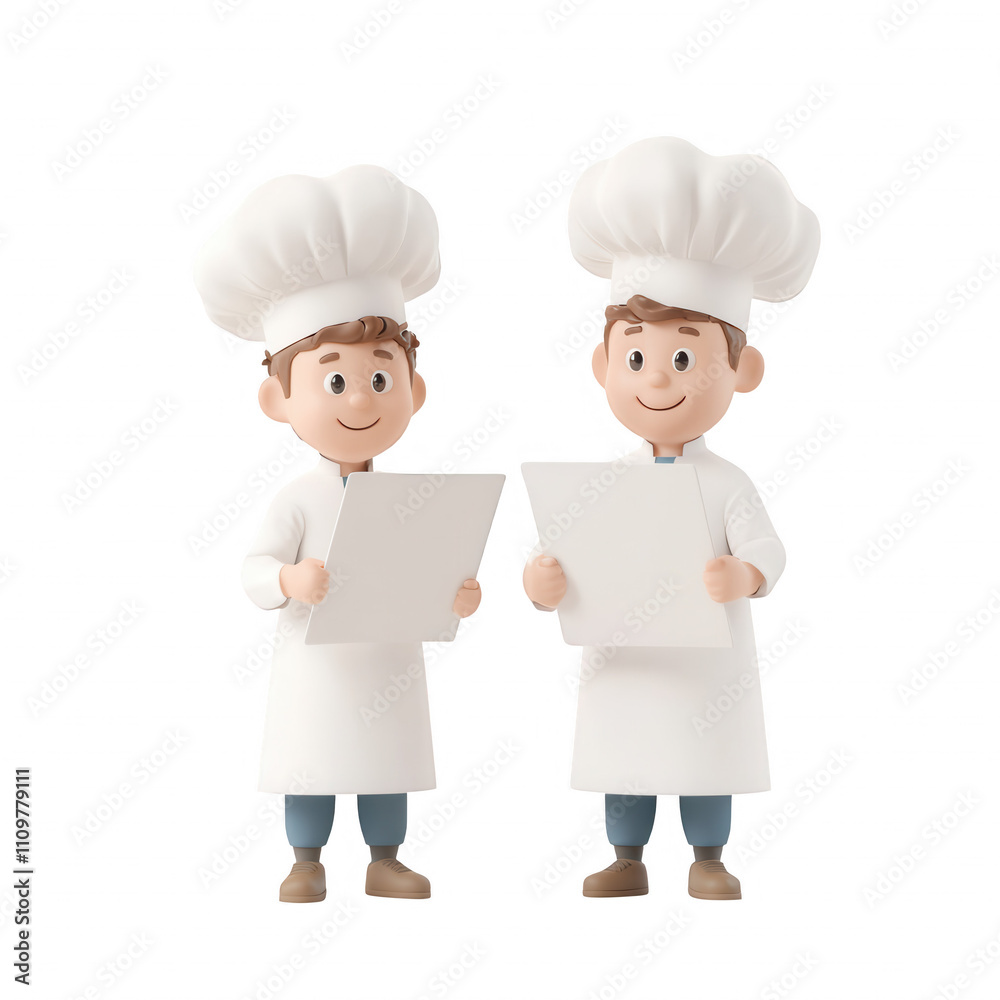 Two cheerful chefs discussing recipes while holding blank menus., isolated on a transparent background. Two cheerful chefs discussing recipes while holding blank menus., isolated on a transparent background.