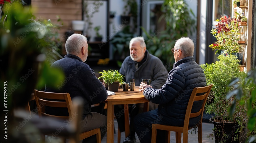 A cheerful group of elderly men shares laughter and conversation while seated around a wooden table in a tranquil garden A cheerful group of elderly men shares laughter and conversation while seated around a wooden table in a tranquil garden