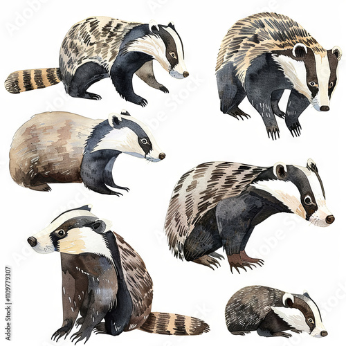 Cute collection of watercolor illustrations of a badger on a white background.