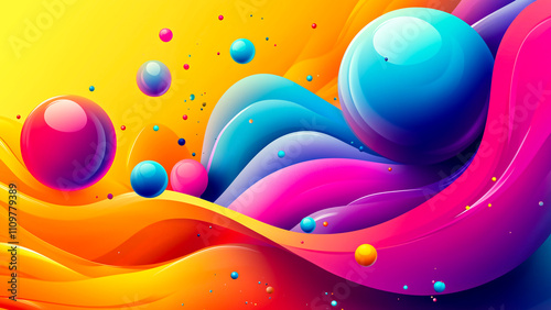 Vibrant abstract vector featuring gradient spheres and flowing ribbons, perfect for professional corporate presentations.