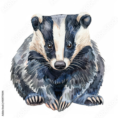 Cute collection of watercolor illustrations of a badger on a white background.