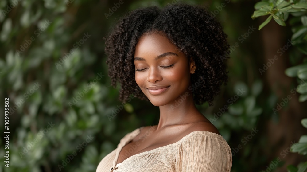 A serene pregnant woman stands outside, her eyes closed and a smile on her face as she affectionately holds her belly, radiating joy