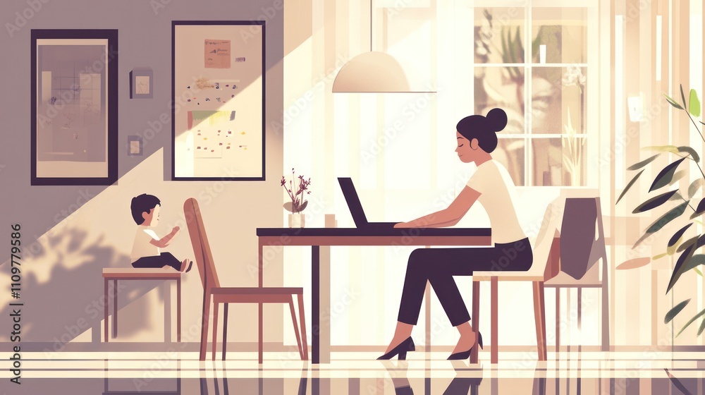 Mother working from home, child playing nearby. Mother working from home, child playing nearby.