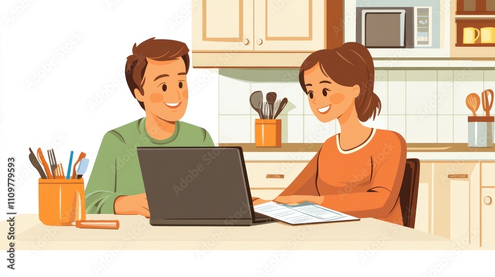 Happy couple using laptop and cookbook in kitchen.