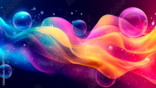 Vibrant abstract vector featuring gradient spheres and flowing ribbons, perfect for professional corporate presentations.