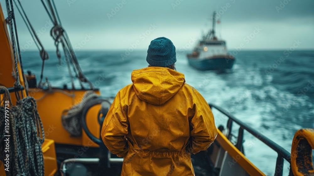 A captain observes the horizon from the helm of a fishing vessel as turbulent waves surround the boat on a cloudy day A captain observes the horizon from the helm of a fishing vessel as turbulent waves surround the boat on a cloudy day