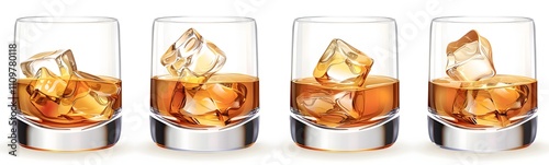 Four rocks glasses filled with amber liquid and ice cubes.  The ice melts slowly, creating a dynamic image. photo