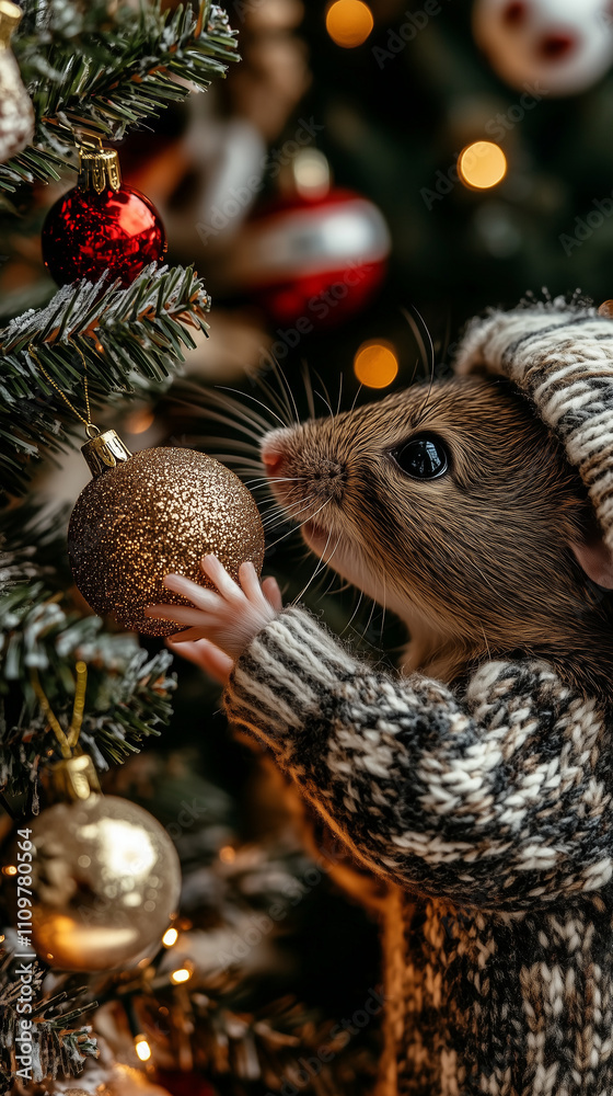 Naklejka premium Charming mouse in a cozy winter outfit adorns a christmas tree with a shimmering golden ball
