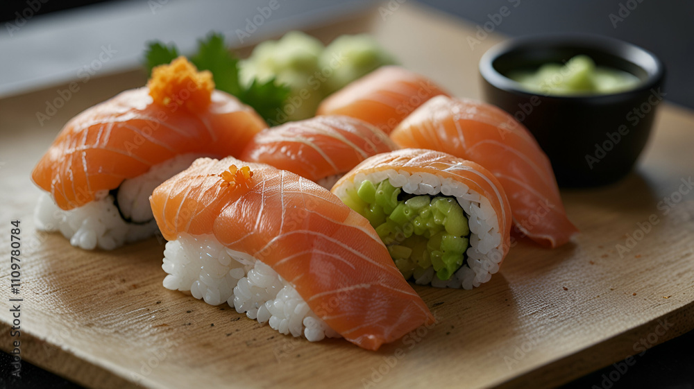sushi, nigiri, salmon, wasabi, delicate, fresh, seafood, Japanese, elegant, gourmet
