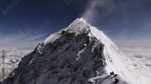 4K aerial video capturing a close-up view of the summit of Mount Everest, the highest peak in the world