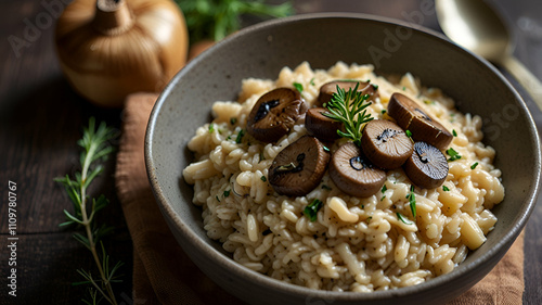 risotto, mushrooms, Parmesan, thyme, creamy, bowl, Italian, gourmet, comforting, aromatic 