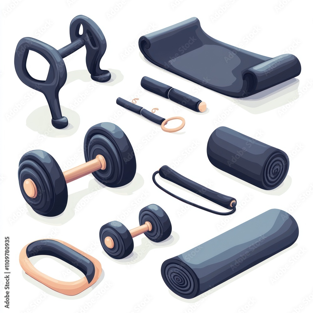 Fitness equipment isometric illustration dumbbells, mat, resistance bands, and more. Fitness equipment isometric illustration dumbbells, mat, resistance bands, and more.