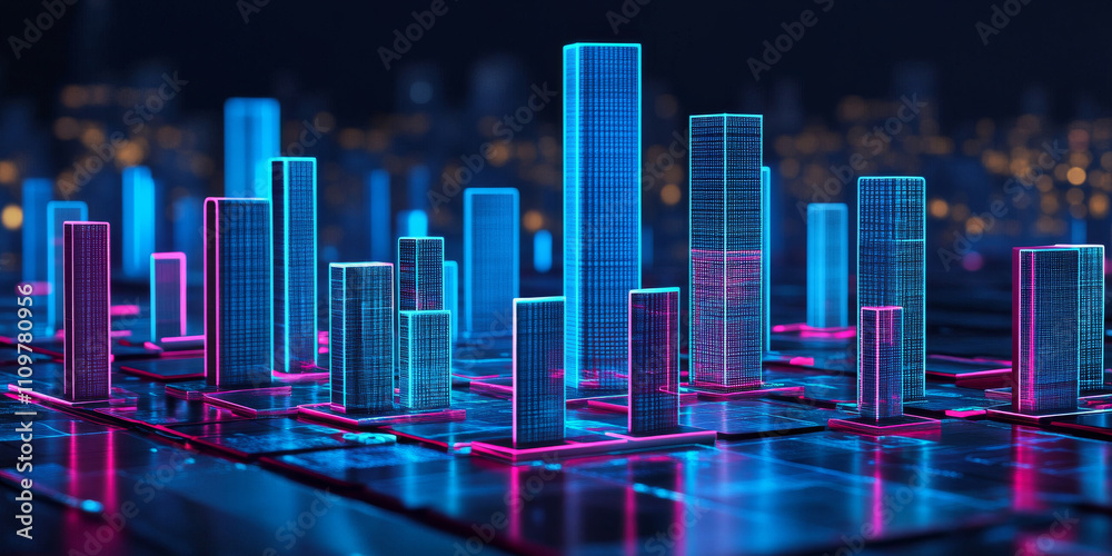 Glowing digital cityscape with neon skyscrapers at night. Glowing digital cityscape with neon skyscrapers at night.
