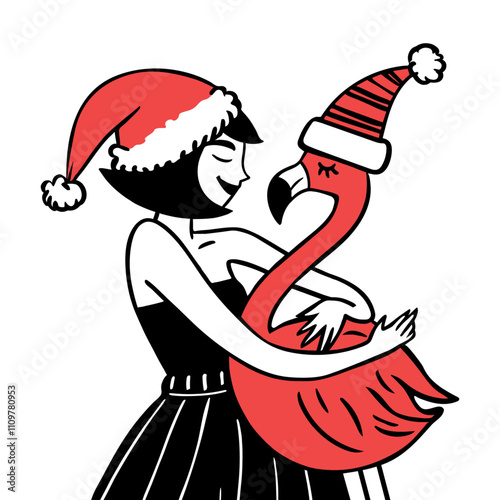 woman with a flamingo, Happy New Year illustration, festive Christmas drawing