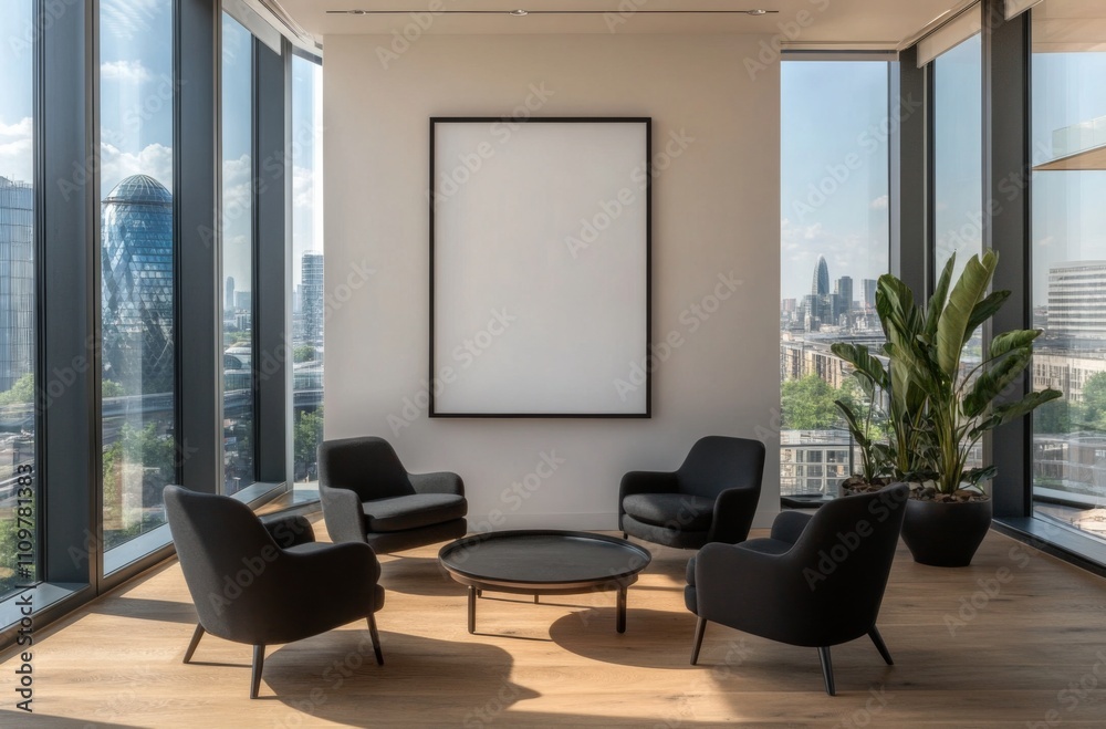 Modern Minimalist Hotel Room with Empty Poster Frame, Large Windows, Cityscape View Modern Minimalist Hotel Room with Empty Poster Frame, Large Windows, Cityscape View