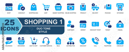 set shopping icon.blue duo tone style.contains checkout,buy,shopping bag,cart,shop,discount ticket,target,goal,checklist,open.
