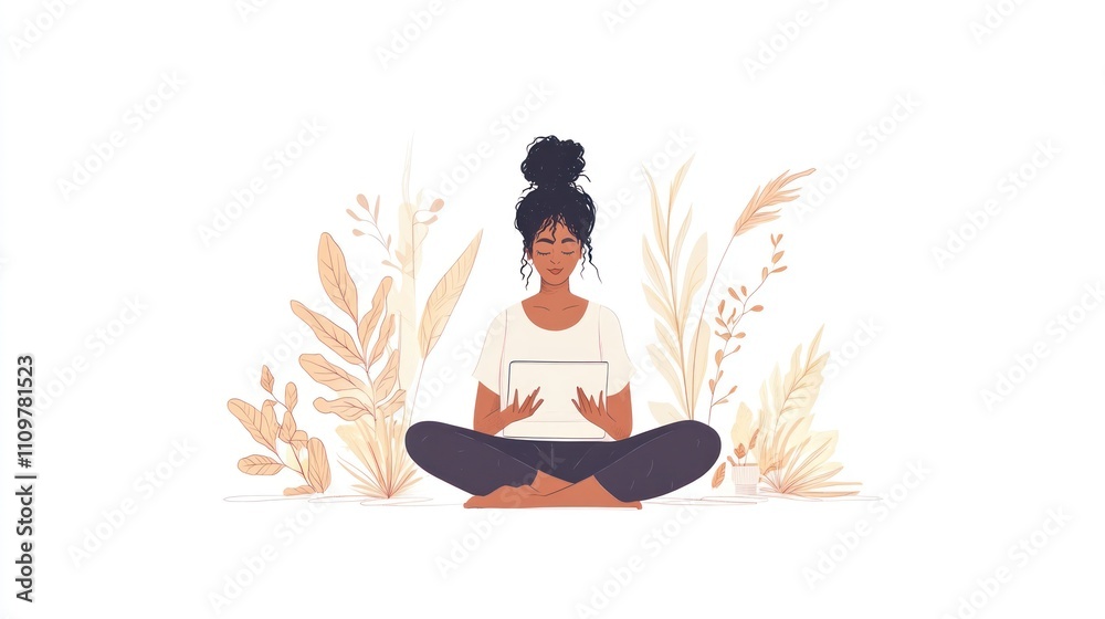 Woman meditating with tablet amidst plants. Woman meditating with tablet amidst plants.
