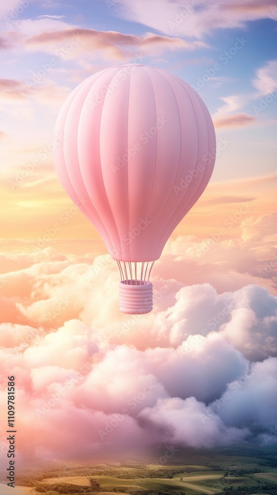 Fototapeta premium Pink hot air balloon floats gracefully above fluffy clouds at sunset, AI