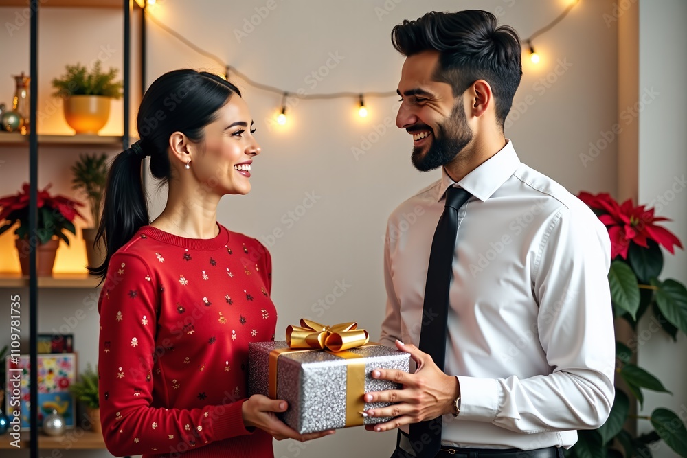 Hispanic woman gives gift to South Asian male colleague in office Hispanic woman gives gift to South Asian male colleague in office