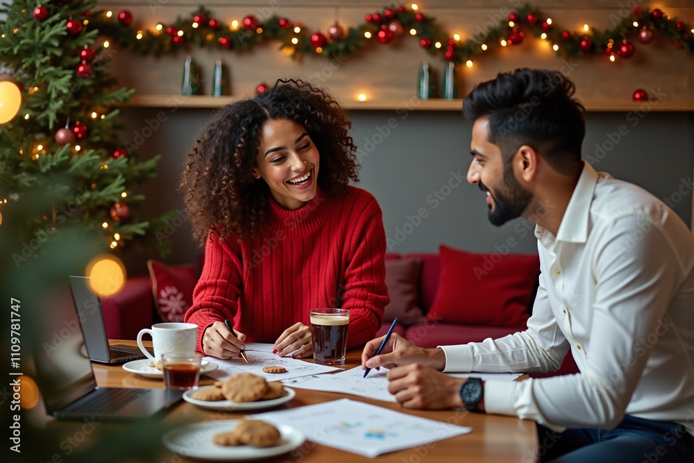 Hispanic woman and Indian man brainstorming at Christmas decorated table Hispanic woman and Indian man brainstorming at Christmas decorated table