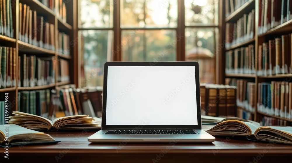 Laptop on Wooden Table in Cozy Library with Open Books and Sunlight Streaming Through Large Windows Laptop on Wooden Table in Cozy Library with Open Books and Sunlight Streaming Through Large Windows