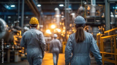 Industrial Workers in Safety Gear Walking Through a Modern Factory with Bright Lighting and Advanced Machinery