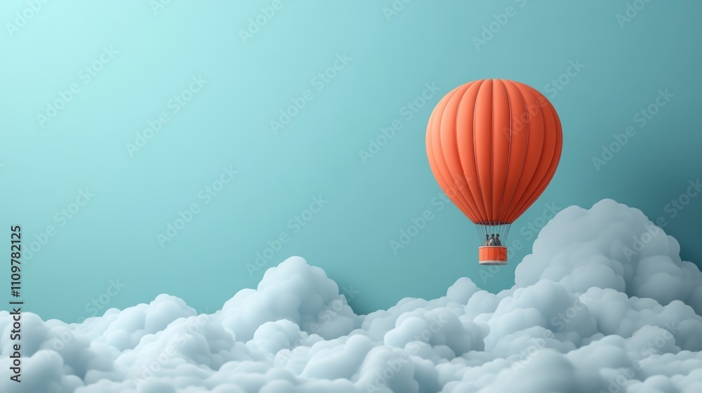Fototapeta premium Orange hot air balloon floating above fluffy clouds against a teal sky.