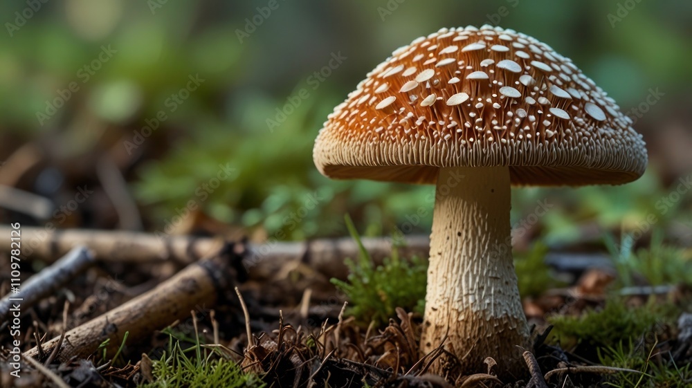 Single mushroom in forest with brown cap and white spots. Single mushroom in forest with brown cap and white spots.