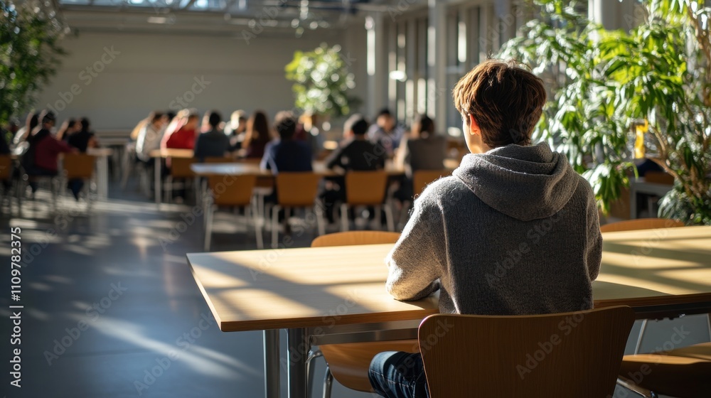 Students gather at tables in a bright room, focused on their schoolwork while enjoying a collaborative atmosphere Students gather at tables in a bright room, focused on their schoolwork while enjoying a collaborative atmosphere