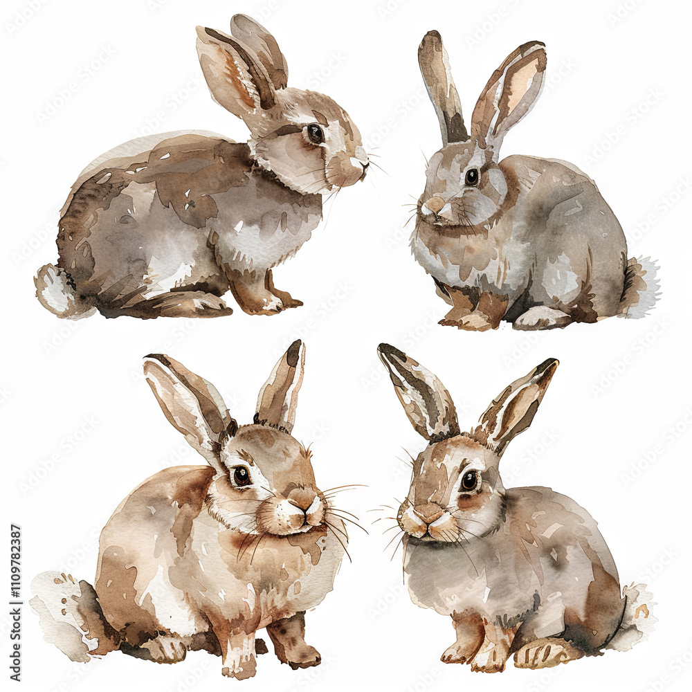 Cute collection of watercolor illustrations of a hare on a white background Cute collection of watercolor illustrations of a hare on a white background