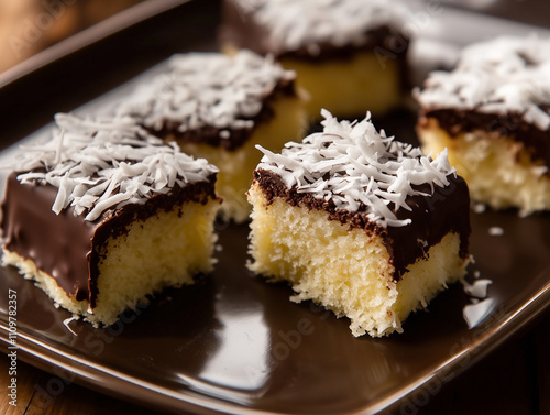 Lamington cake with chocolate and coconut flakes photo