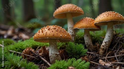 Four mushrooms growing in moss, forest floor.