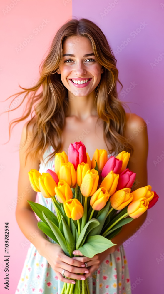 Beautiful young woman with flowing hair holds a large bouquet of colorful tulips in a bright and cheerful setting Beautiful young woman with flowing hair holds a large bouquet of colorful tulips in a bright and cheerful setting