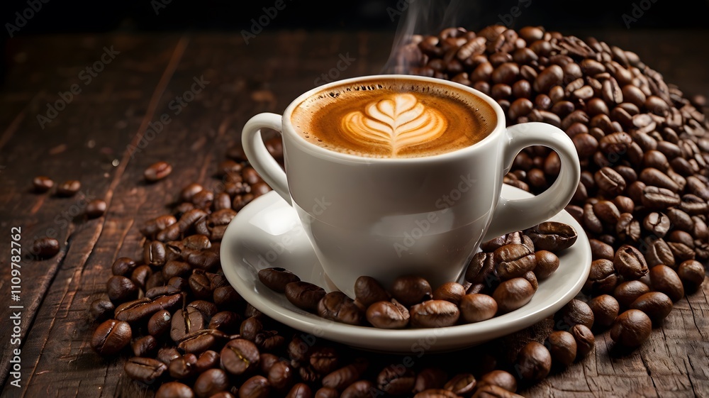 Hot coffee cup with fresh organic red coffee beans and coffee roasts on the wooden table and the black background Hot coffee cup with fresh organic red coffee beans and coffee roasts on the wooden table and the black background